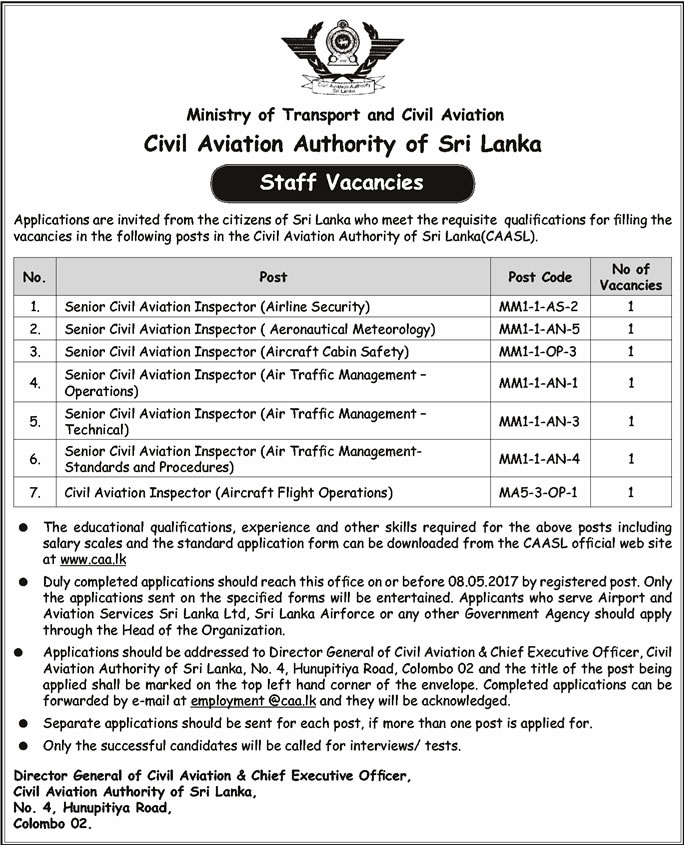 Senior Civil Aviation Inspector (Airline Security, Aeronautical Meteorology, Aircraft Cabin Safety, Air Traffic Management - Operations, Air Traffic Management - Technical, Air Traffic Management - Standards & Procedures), Civil Aviation Inspector (Aircraft Flight Operations) - Civil Aviation Authority